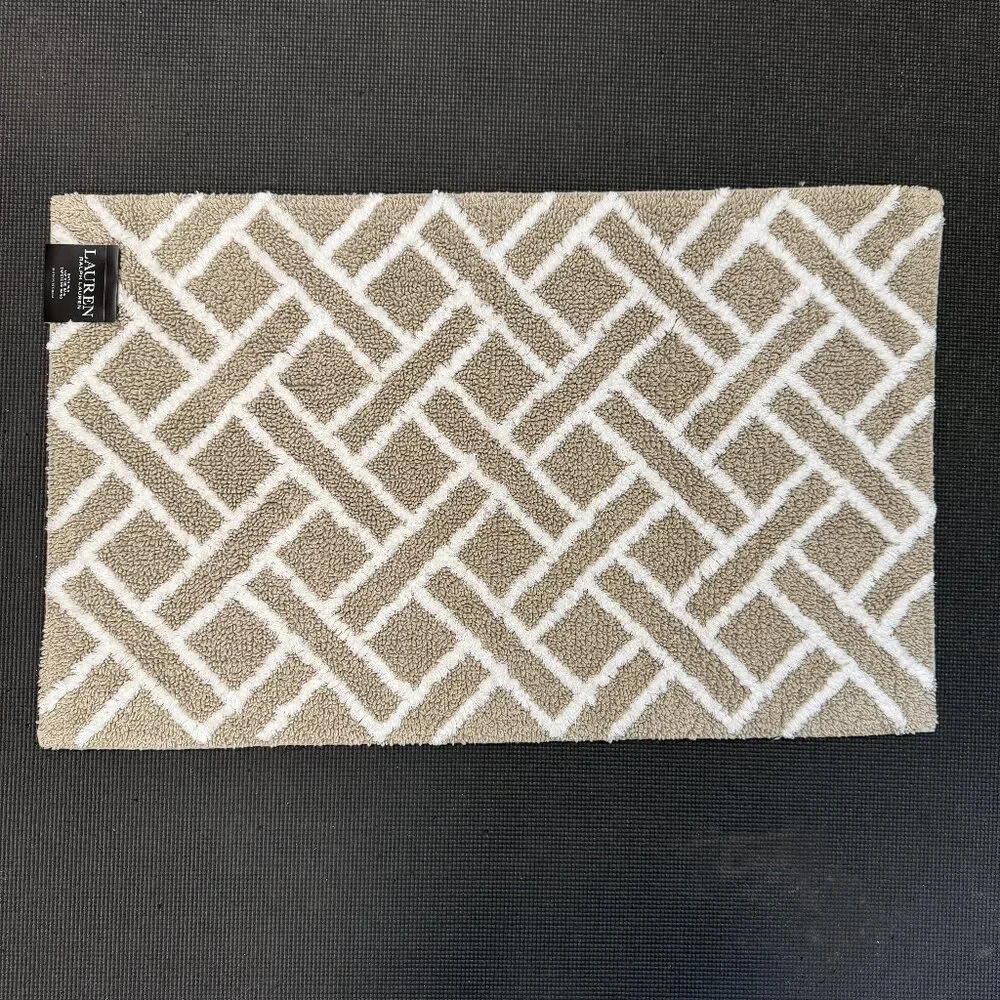 Ralph Lauren 21 x 34 Bath Rug Mat Cotton Beige Tan Geometric Striped Diamonds